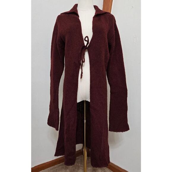 Rave Womens Vintage Y2K Knit Tie-Front Cardigan M Wool-Blend Long Sweater Maroon - Picture 1 of 10